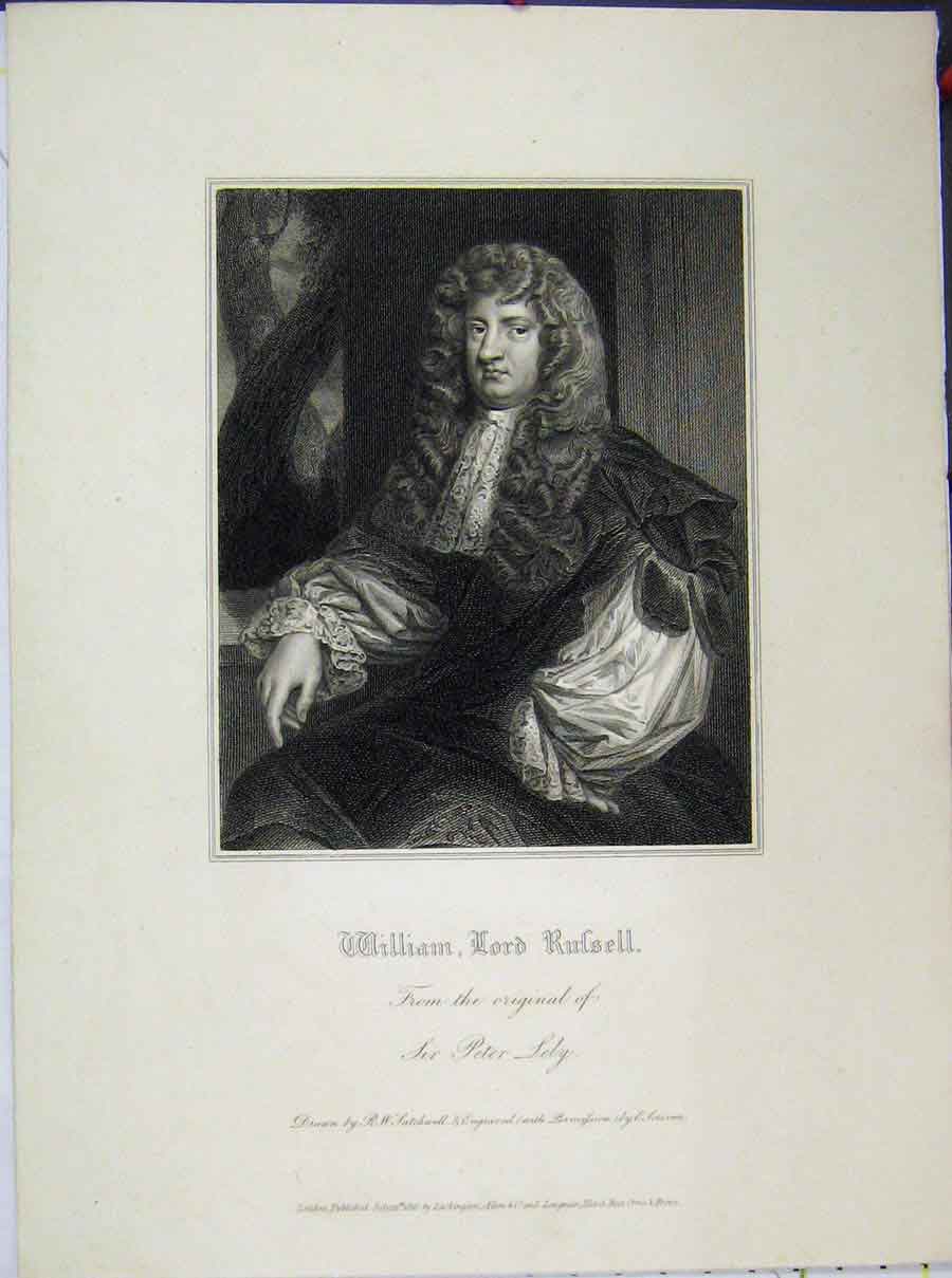 Original Old Antique Print William Lord Russell 1816 Sir Peter Lely 19th