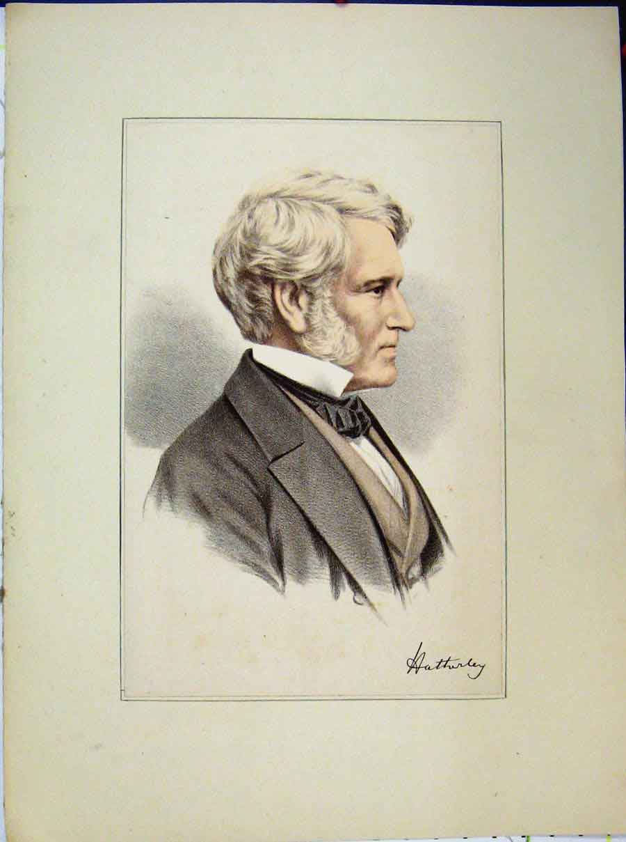 Original Old Antique Print Portrait White Haired Man Suit Bow Tie Coloured