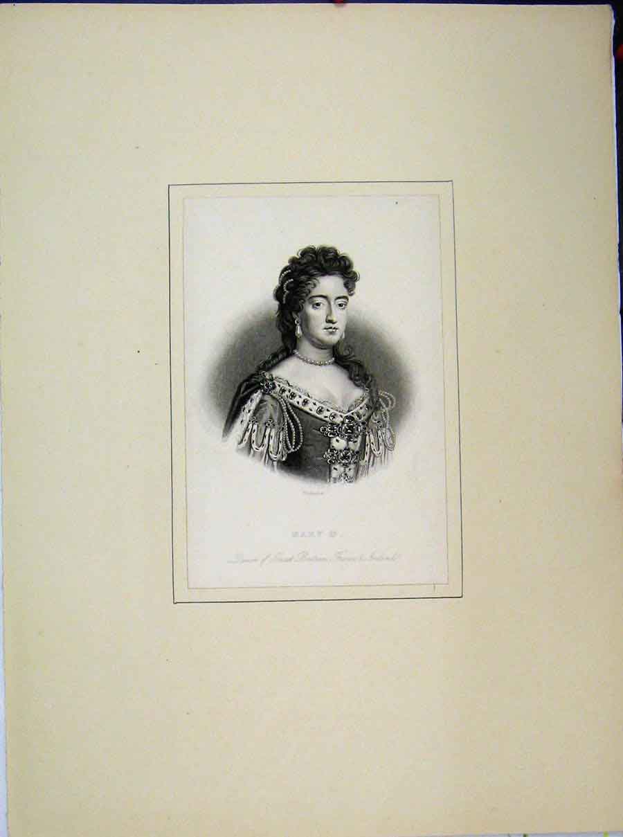 Old Antique Print Queen Mary Portrait Queen Great Britain Ireland France