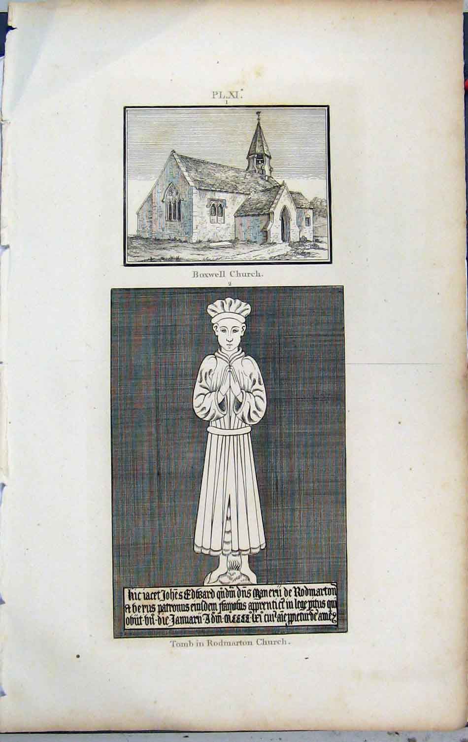Original Old Antique Print 1801 Lysons View Boxwell Church Tomb Rodmarton 19th