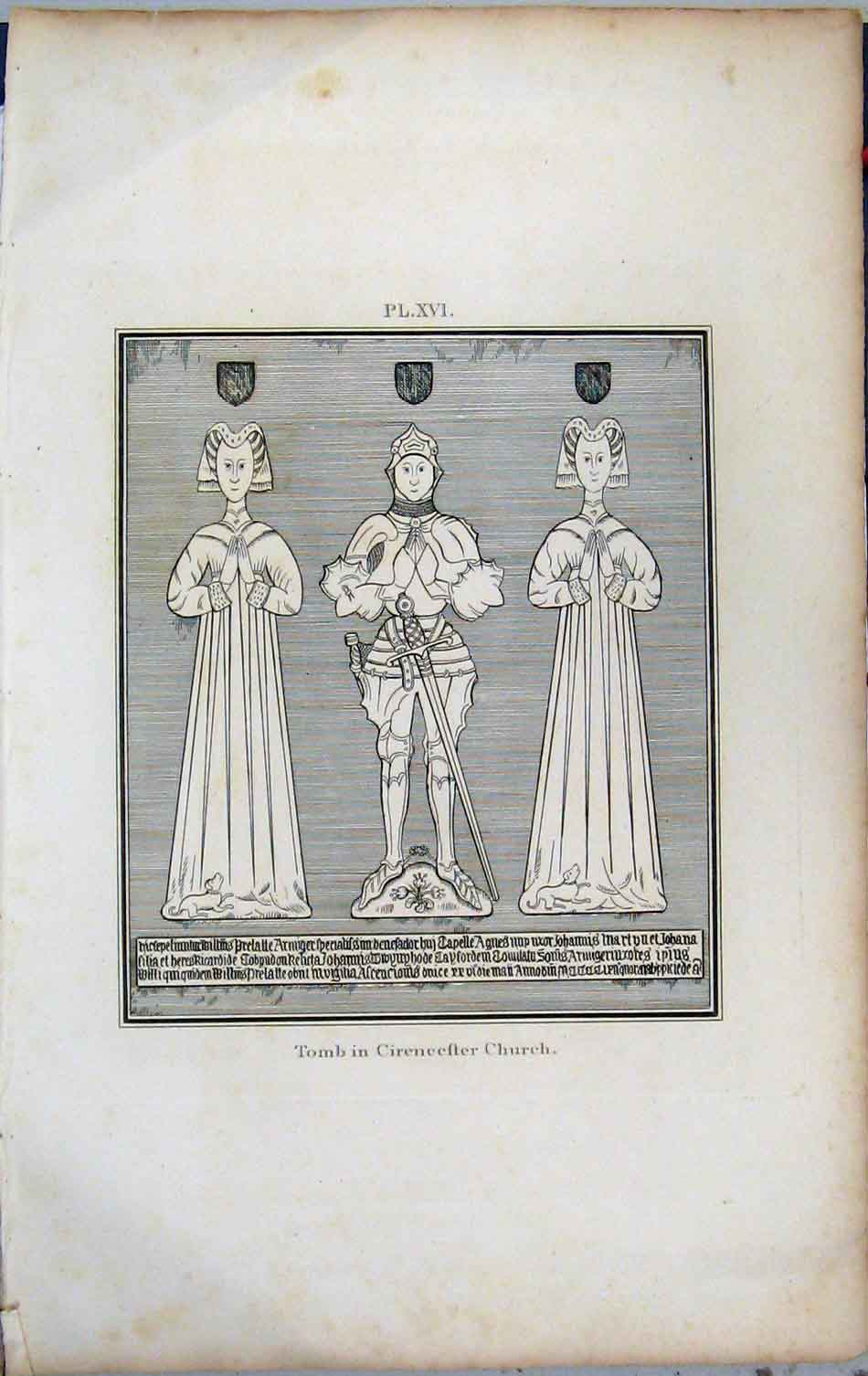 Original Old Antique Print 1801 Lysons Tomb Cirencester Church Napoleonic Era