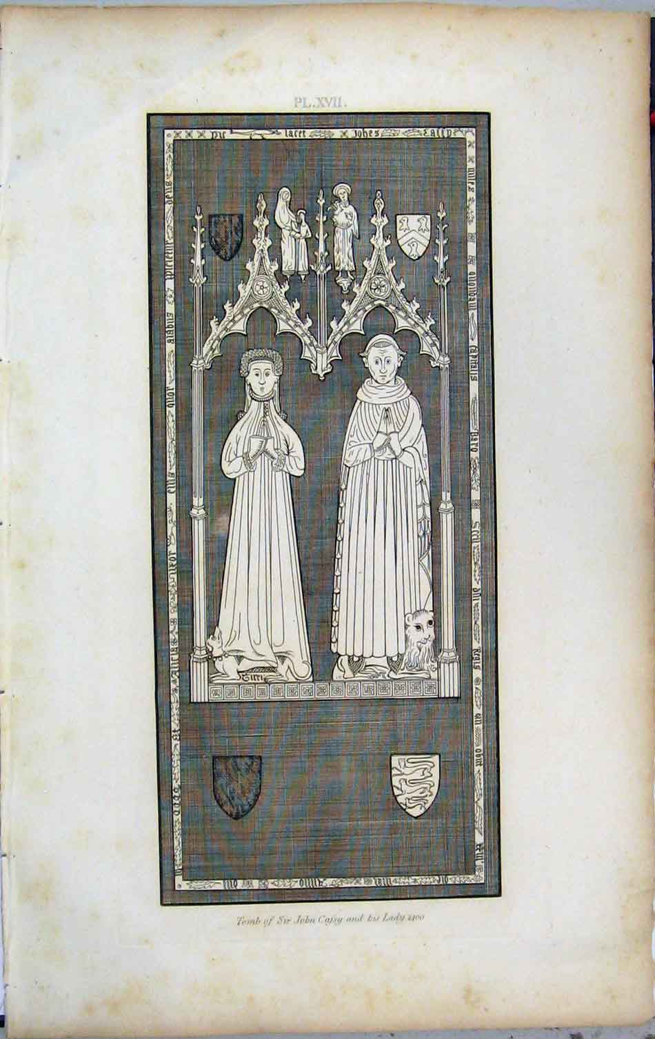 Original Old Antique Print Lysons Tomb Sir John Cassy Lady 1400