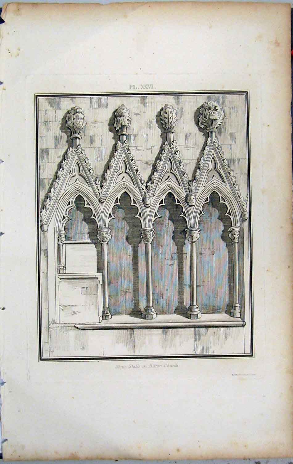 Original Old Antique Print 1803 Lysons View Stone Stalls Bitton Church 19th