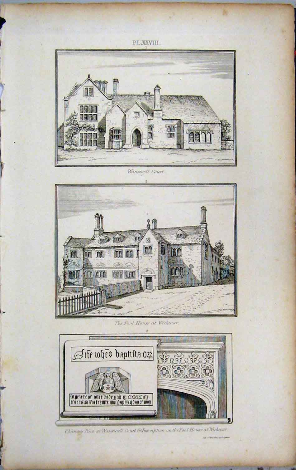 Old Antique Print 1801 Lysons Wanswell Court Pool House Wickwar Chimney 19th