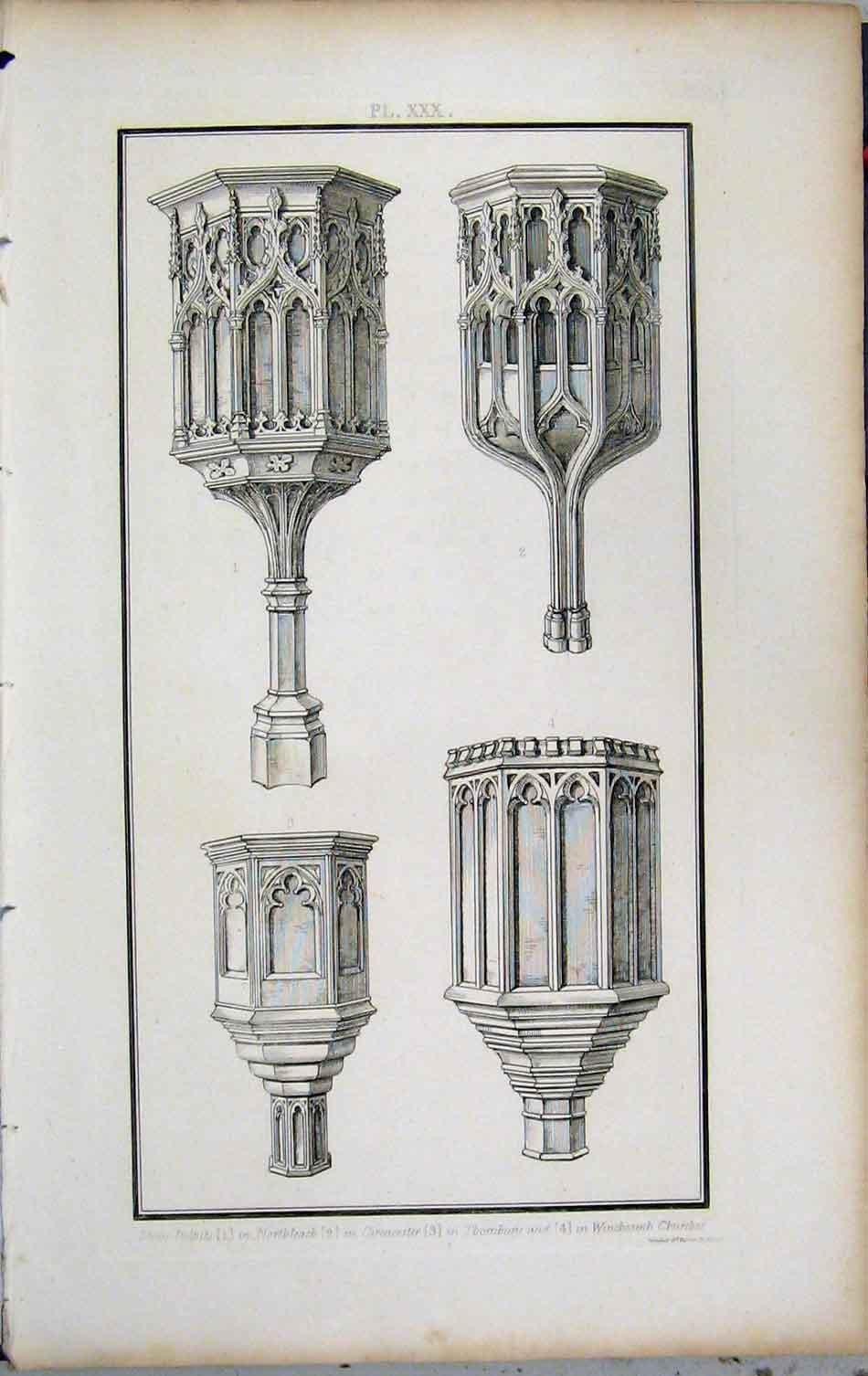 Old Antique Print 1802 Lysons Stone Pulpits Northleach Cirencester Church 19th