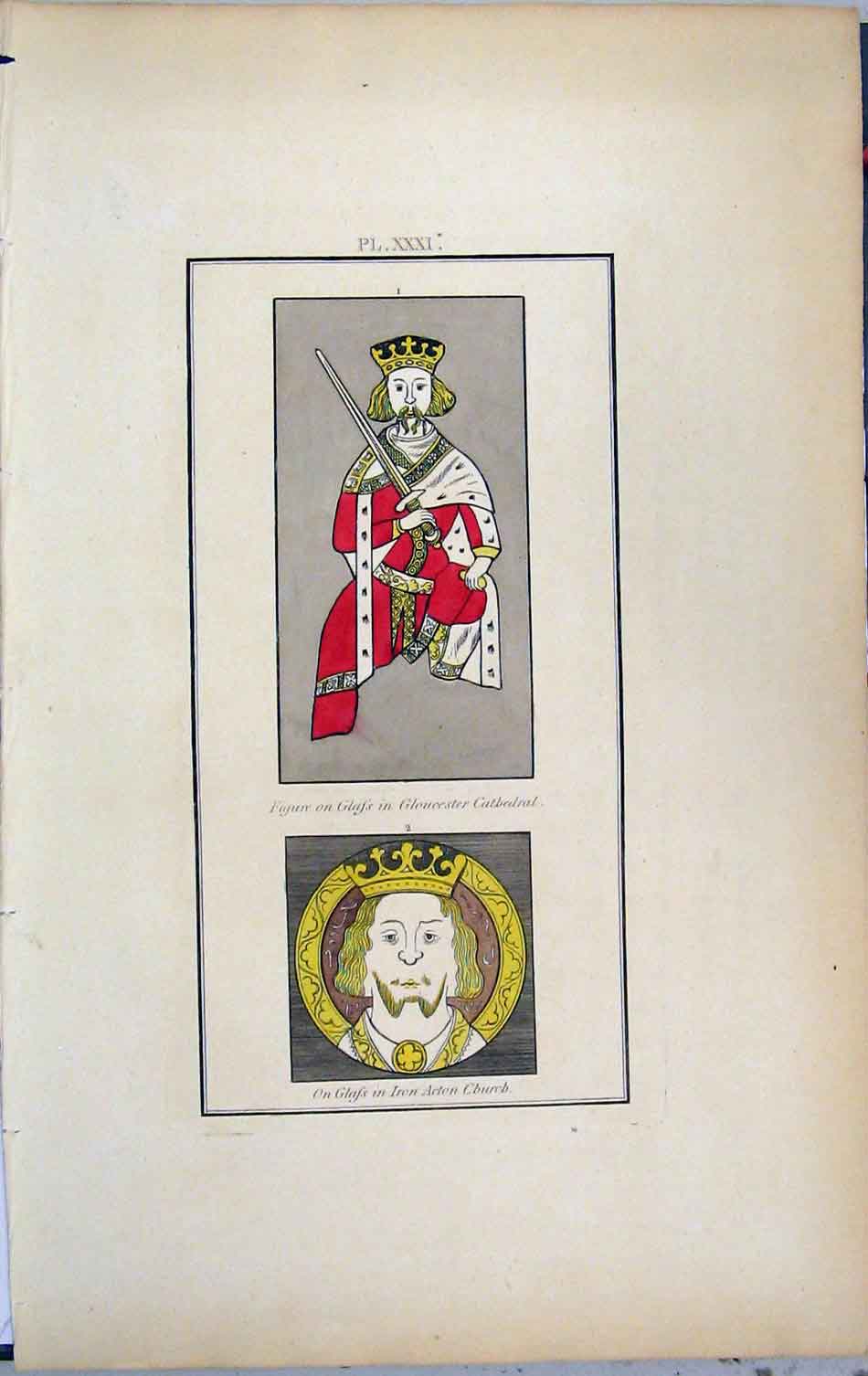 Original Old Antique Print Hand Coloured Lysons 1801 Glass Gloucester Acton Men