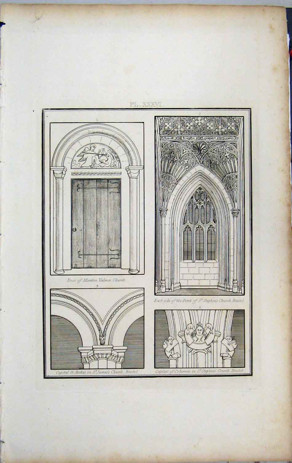 Old Antique Print 1801 Lysons Door Moreton Church Stephen Bristol Arches 19th