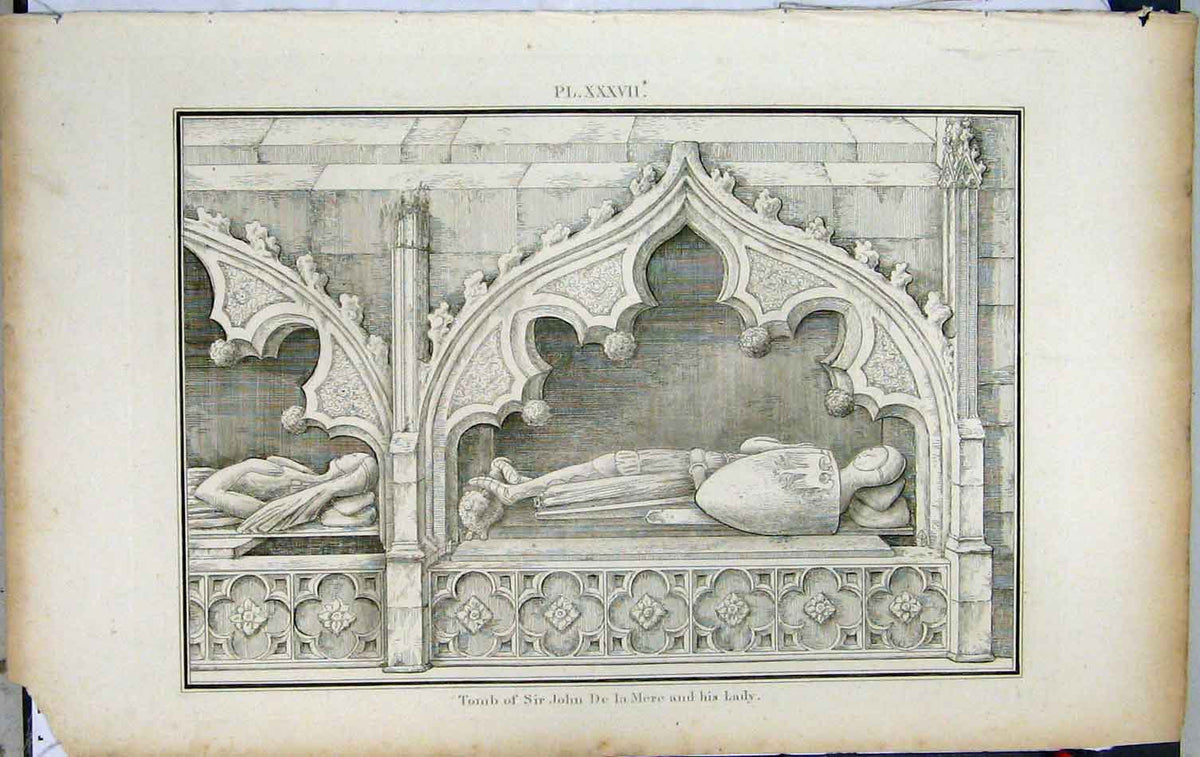 Original Old Antique Print 1801 Lysons Tomb Sir John De La Mere Lady 19th