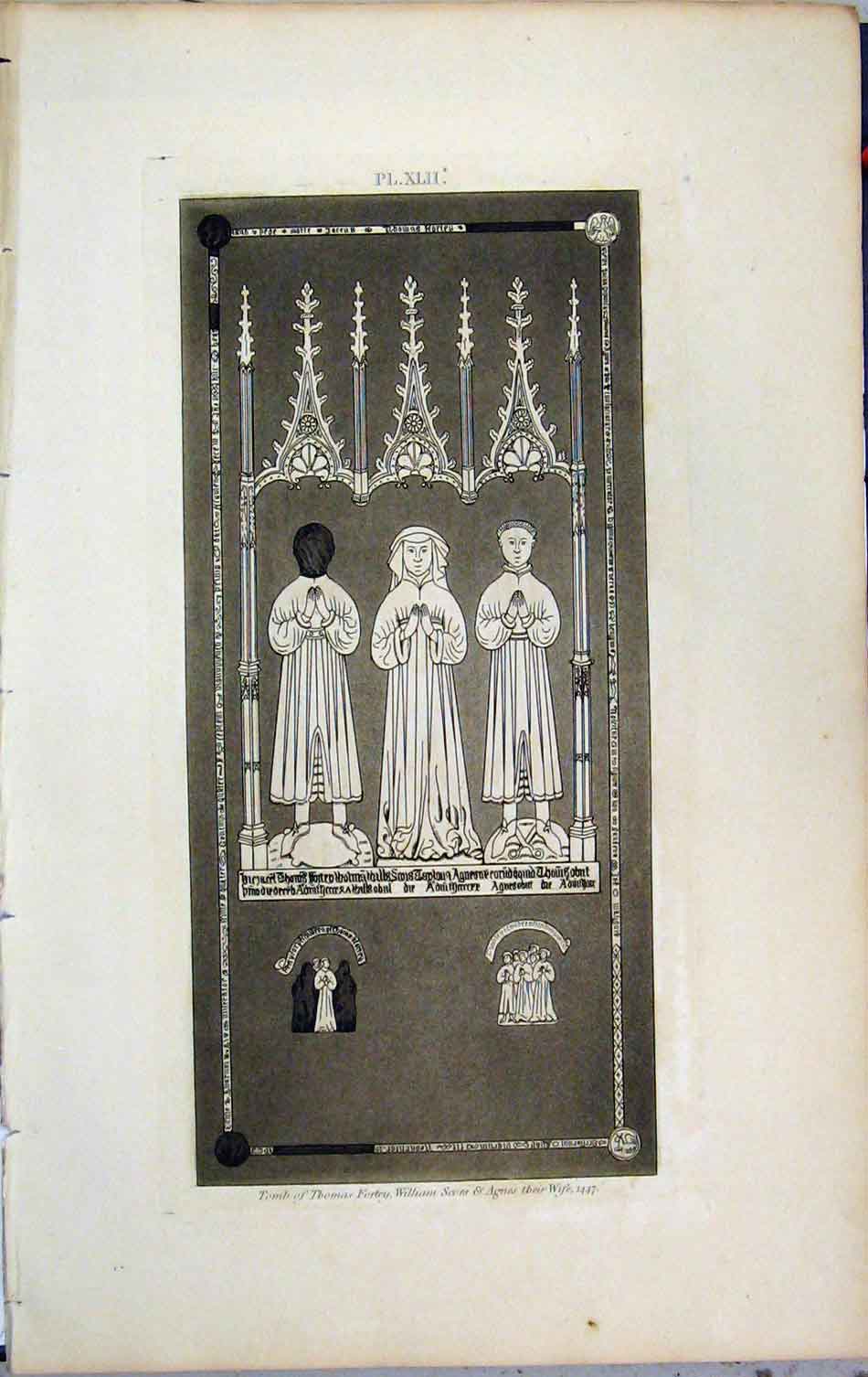 Original Old Antique Print Lysons Tomb Thomas Fortey William Agnes