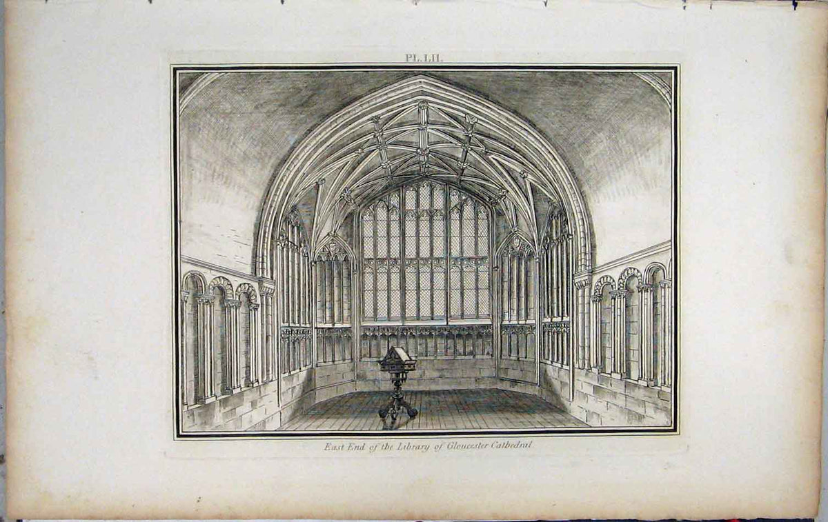 Original Old Antique Print 1801 East End Library Gloucester Cathedral Lysons