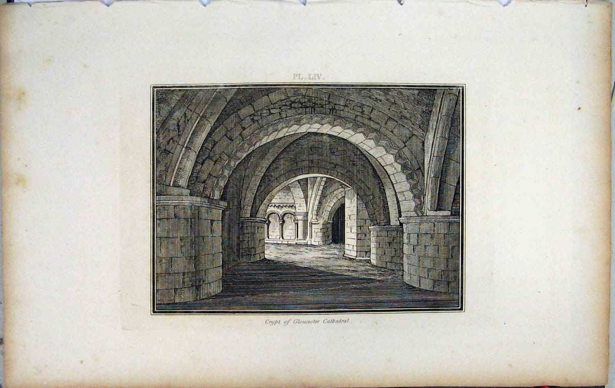 Original Old Antique Print 1801 Lysons View Crypt Gloucester Cathedral 19th