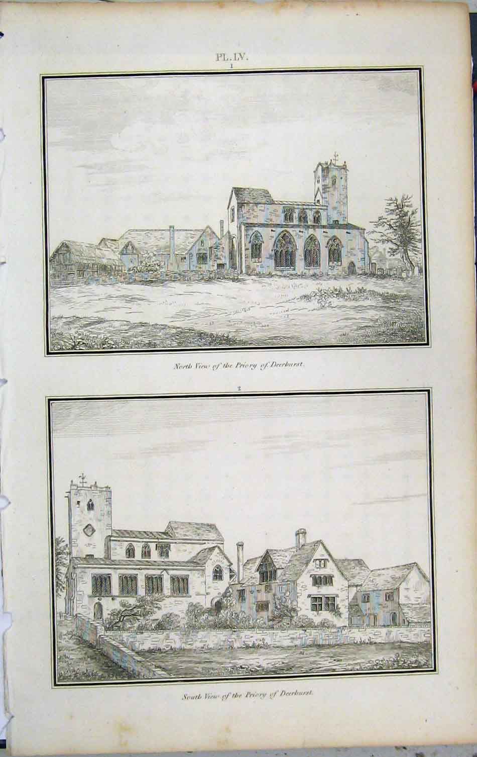 Original Old Antique Print 1801 Lysons South North View Priory Deerhurst 19th