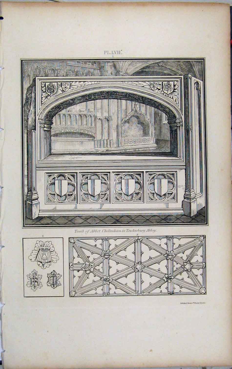 Original Old Antique Print 1801 Lysons Tomb Abbot Cheltenham Tewkesbury Abbey
