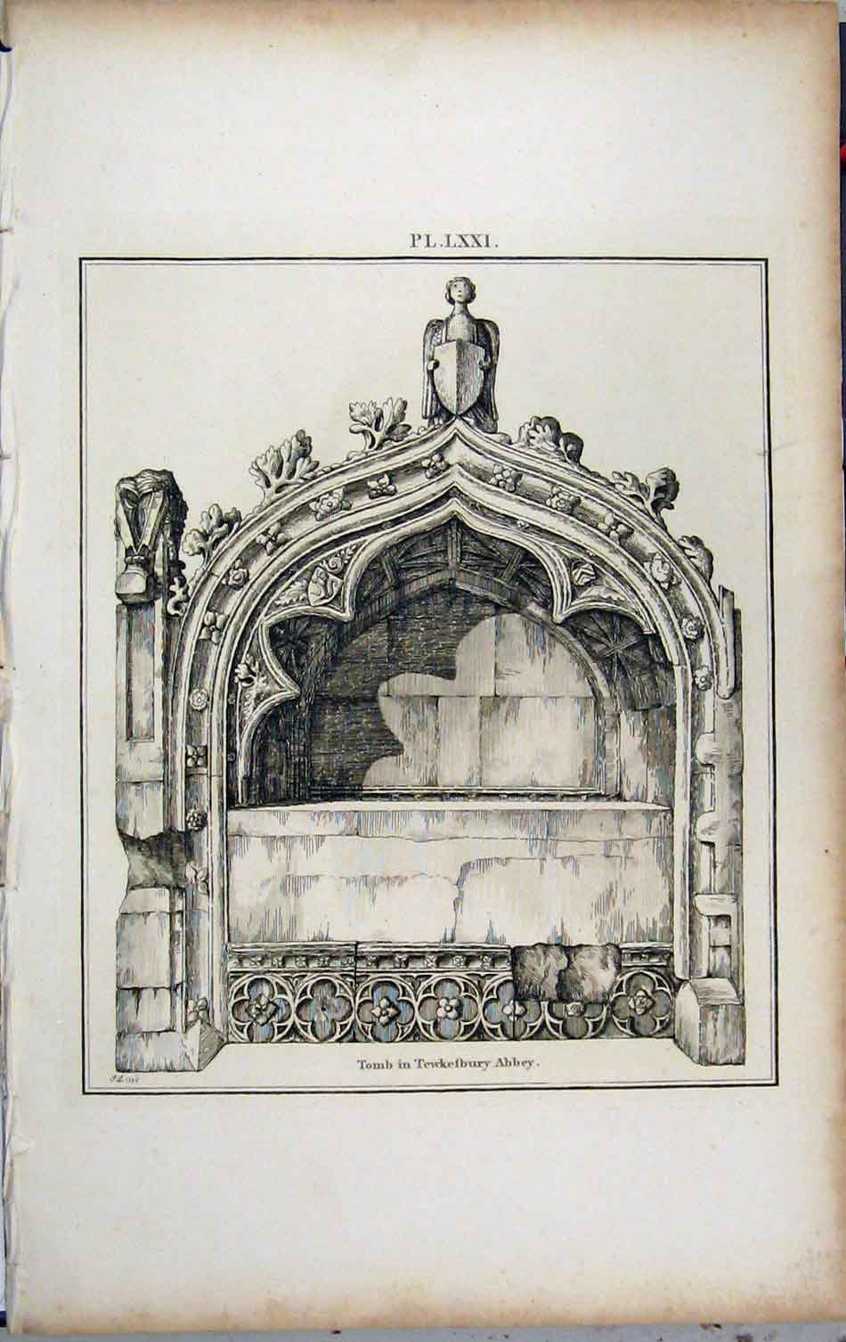 Original Old Antique Print 1801 View Tomb Tewkesbury Abbey Church 19th Century