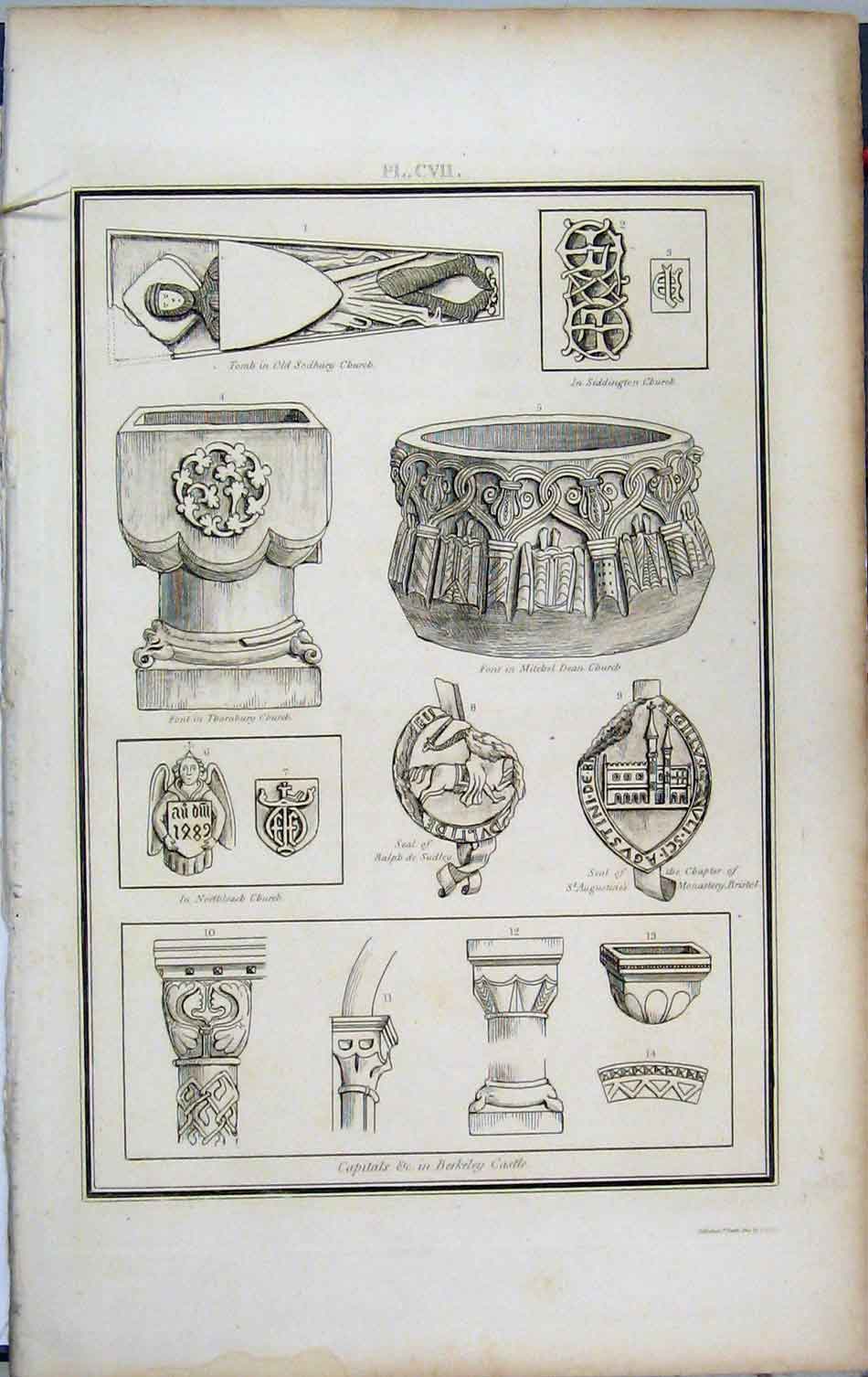 Original Old Antique Print 1803 Lysons Berkeley Castle Tomb Sodbury Font Sudley