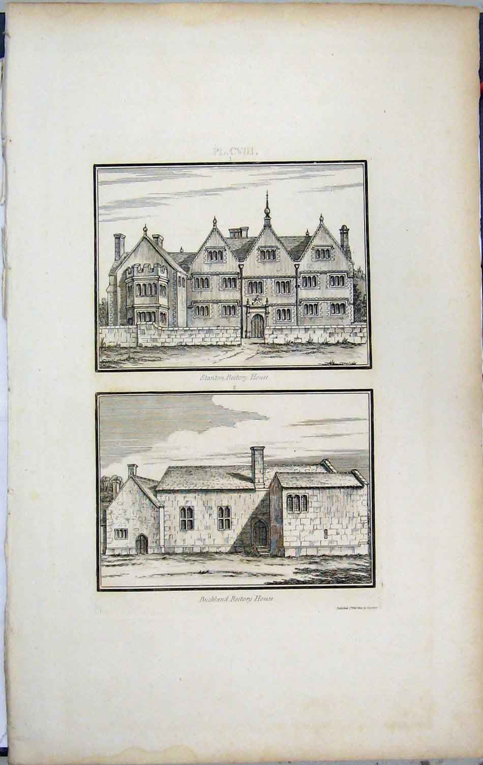 Original Old Antique Print Lysons 1803 Buckland Rectory House Stanton 19th