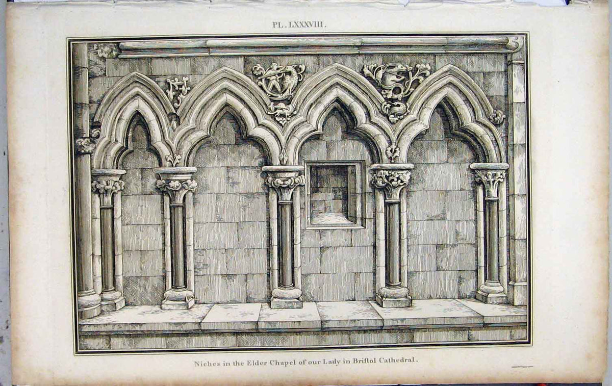 Old Antique Print 1799 Lysons Niches Elder Chapel Lady Bristol Cathedral 18th