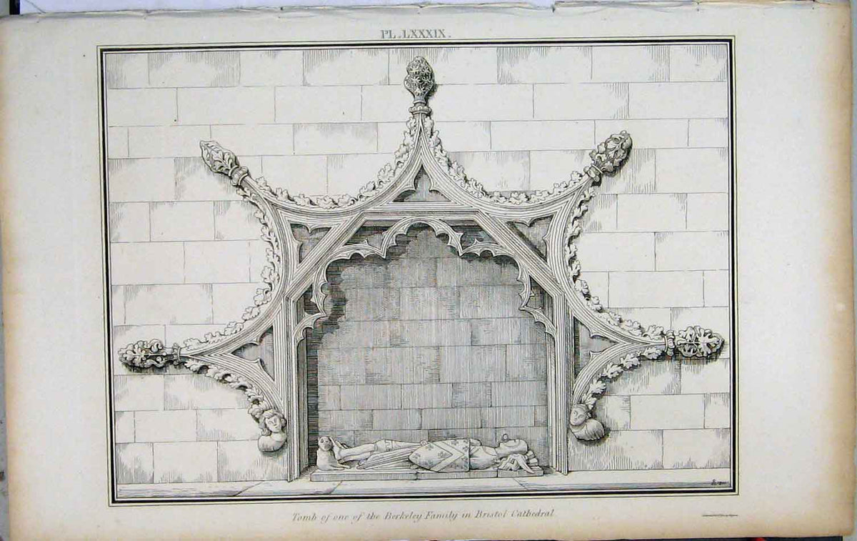 Original Old Antique Print Tomb Hugh Despencer Elizabeth Wife Tewkesbury Abbey