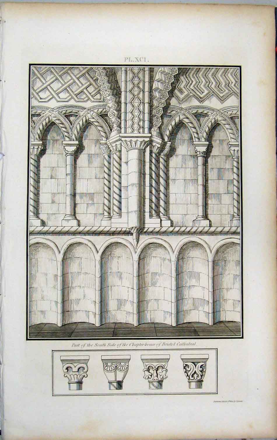 Old Antique Print South Side Chapter-House Bristol Cathedral 1801 Lysons 19th