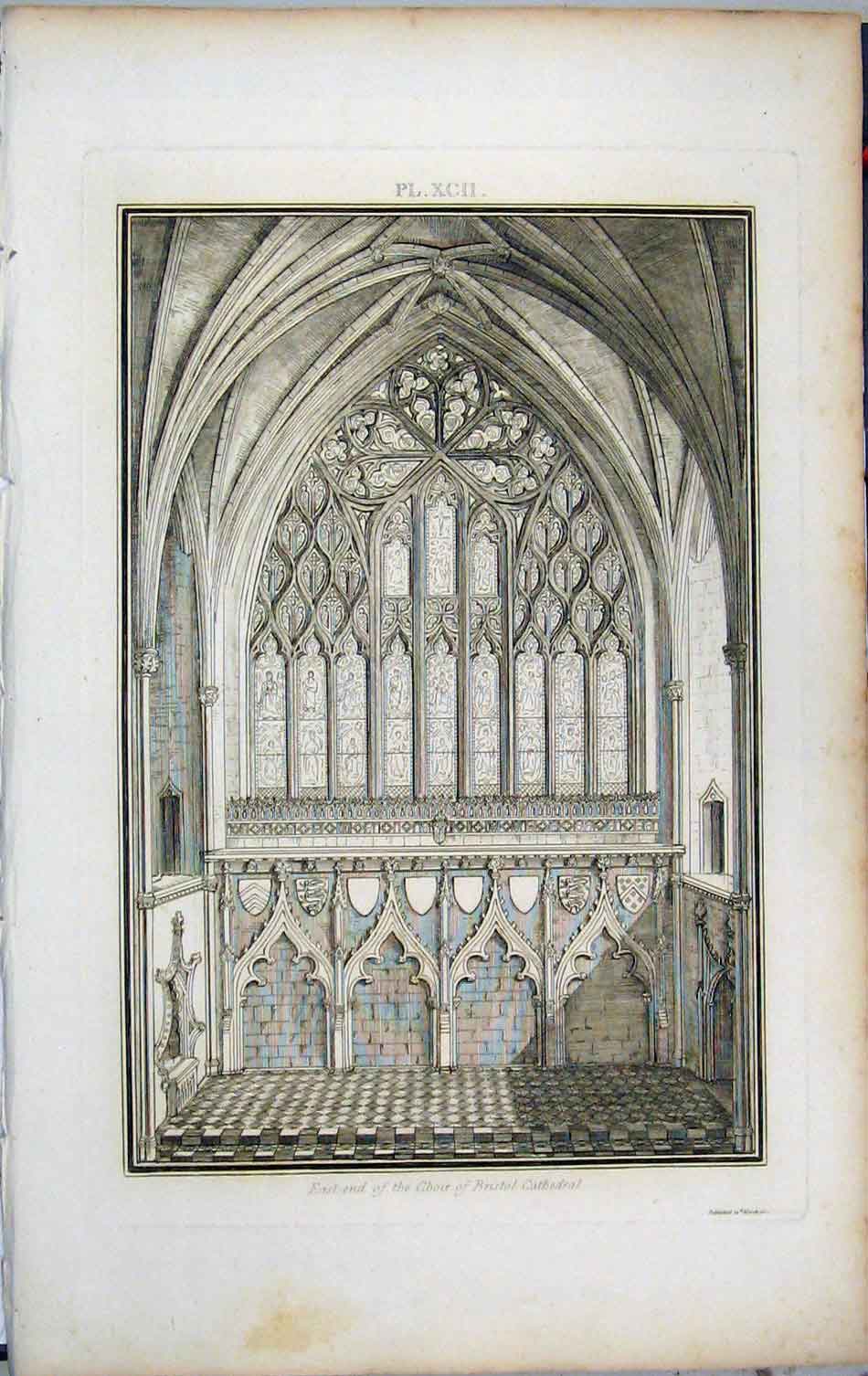 Original Old Antique Print 1802 Lysons Est-End Choir Bristol Cathedral 19th