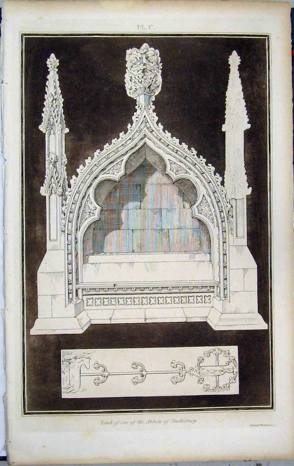 Original Old Antique Print 1801 Lysons View Tomb Abbot Tewkesbury 19th Century