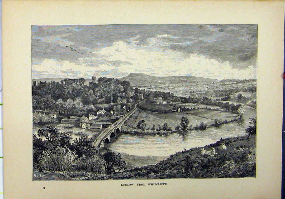 Original Old Antique Print View Ludlow Whitcliffe River Bridge Country