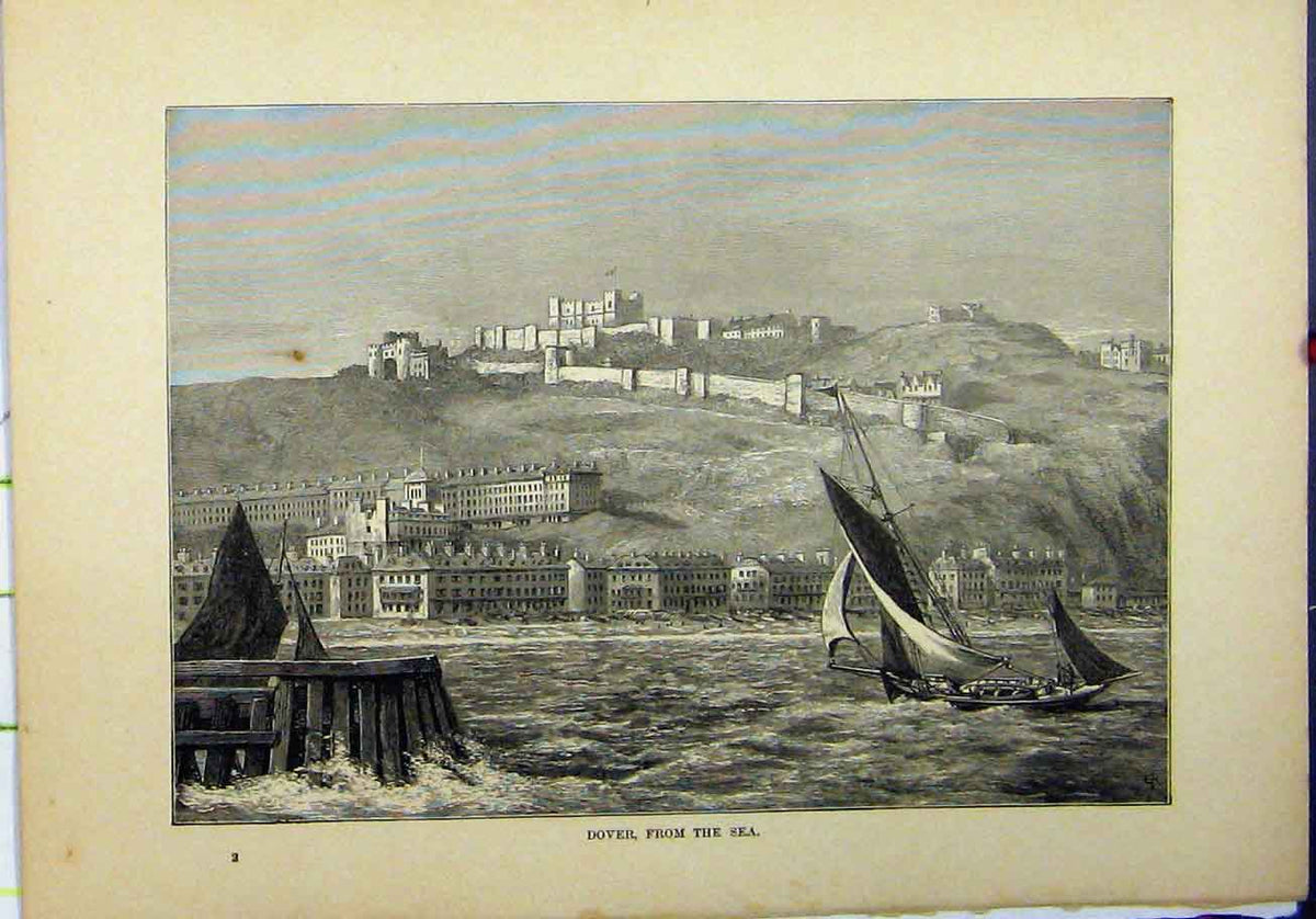 Original Old Antique Print 1898 View Dover Sea Boat Buildings Castle Victorian