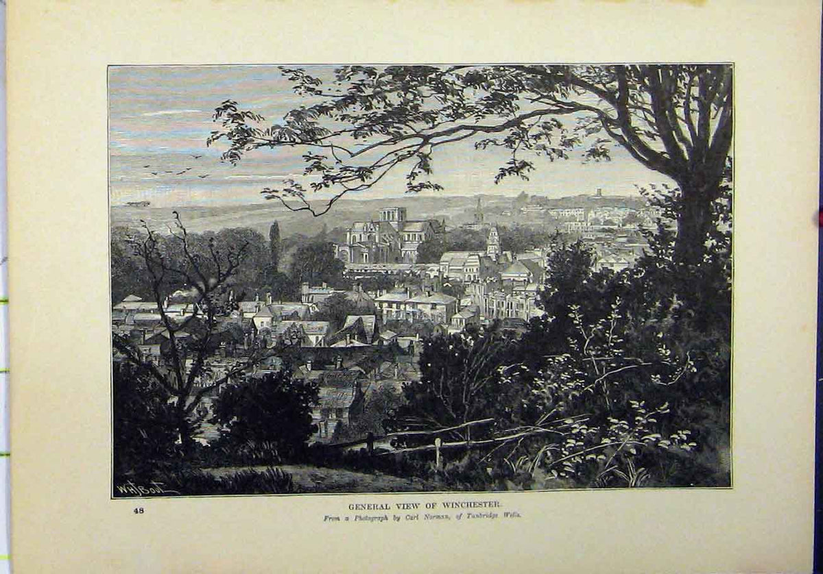 Original Old Antique Print 1898 General View Winchester Town Carl Norman 19th