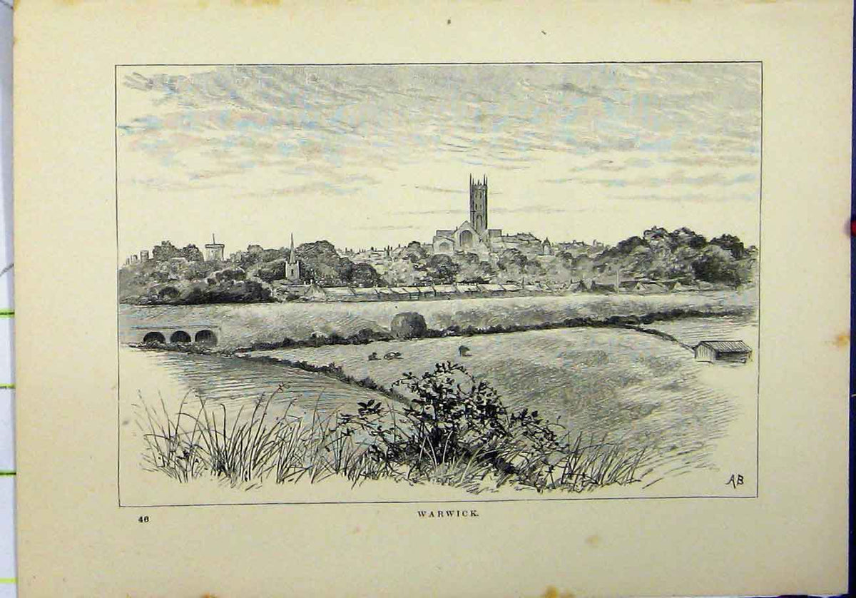 Original Old Antique Print Warwick Castle Country View Social History
