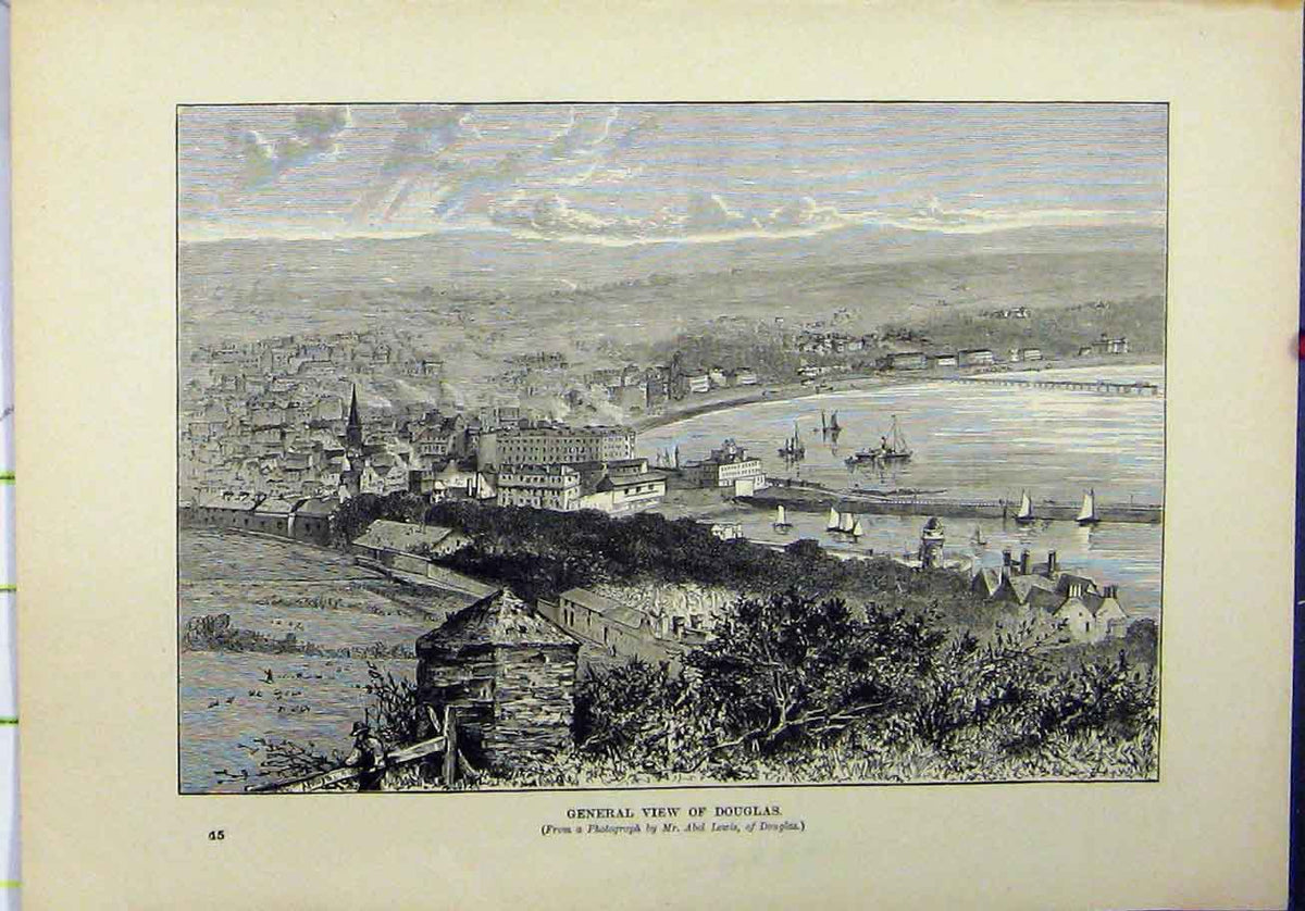 Original Old Antique Print 1898 General View Douglas Isle Man Boats Town 19th
