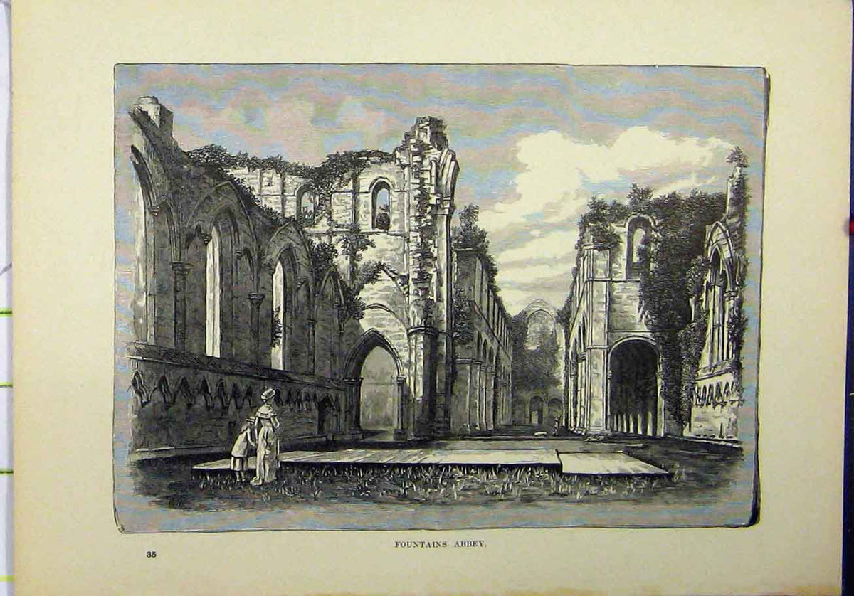 Original Old Antique Print View Fountains Abbey Ruins 1898 Church Victorian