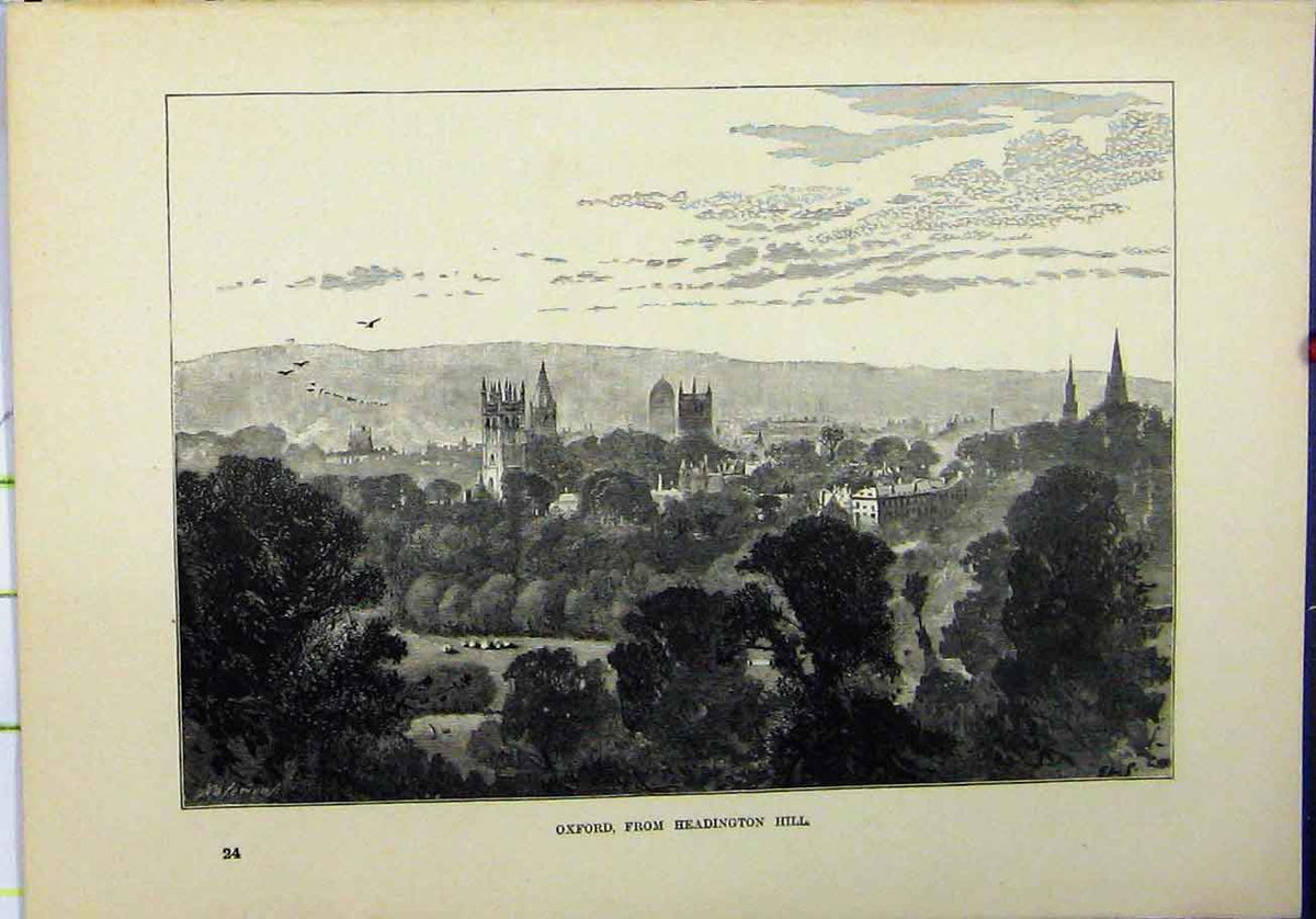 Original Old Antique Print 1898 View Oxford Headington Hill Tower Country Scene