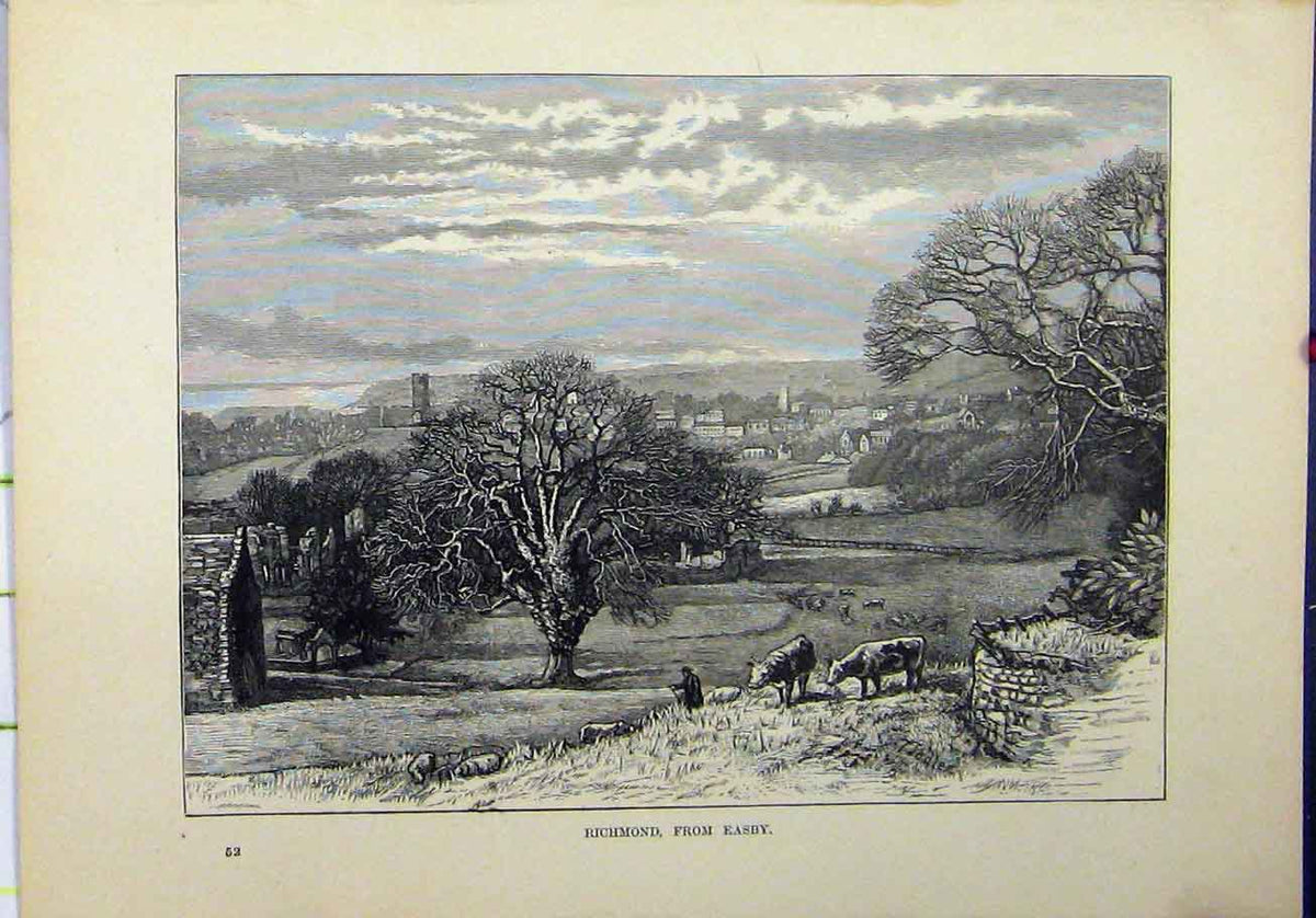 Original Old Antique Print View Richmond Easby Cows Country Scene