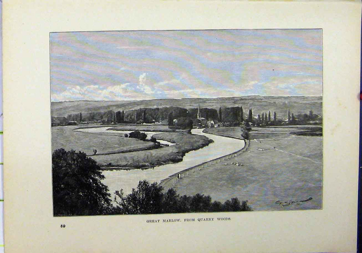 Original Old Antique Print View Great Marlow Quarry Woods Country Scene