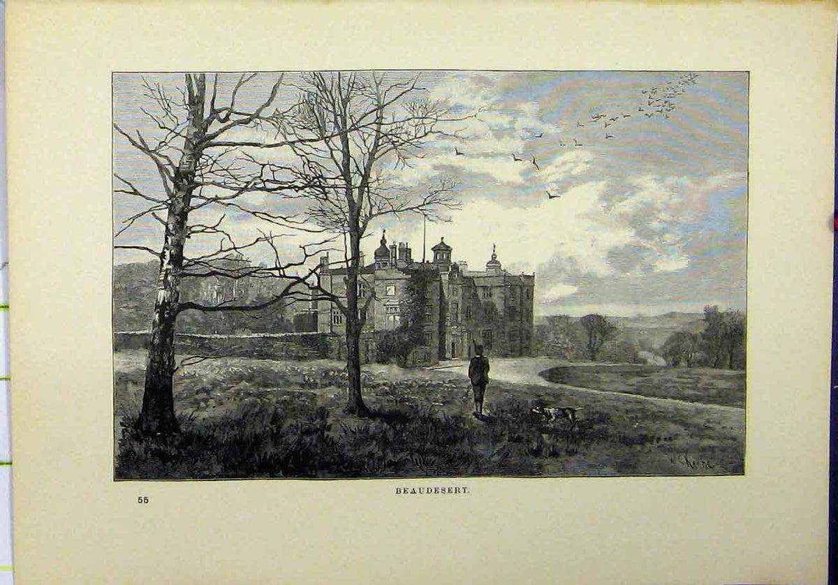 Old Antique Print View Beaudesert 1898 Country Scene House Social History 19th