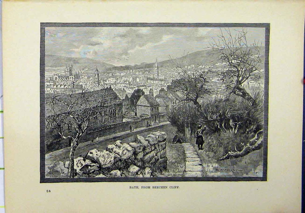 Original Old Antique Print 1898 View Bath Beechen Cliff Hatherell Victorian