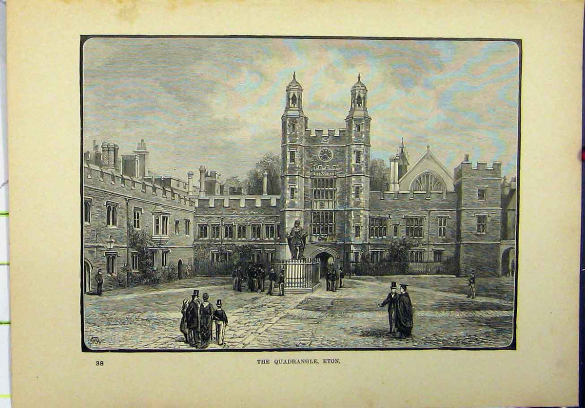 Original Old Antique Print View Quadrangle Eton Social History