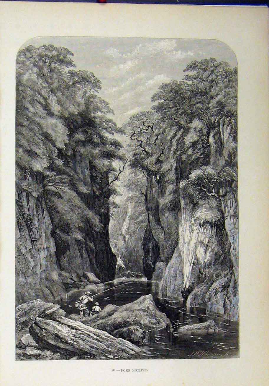 Old Antique Print View Fors Nothyn Men Fishing Cliffs Trees Country Scene