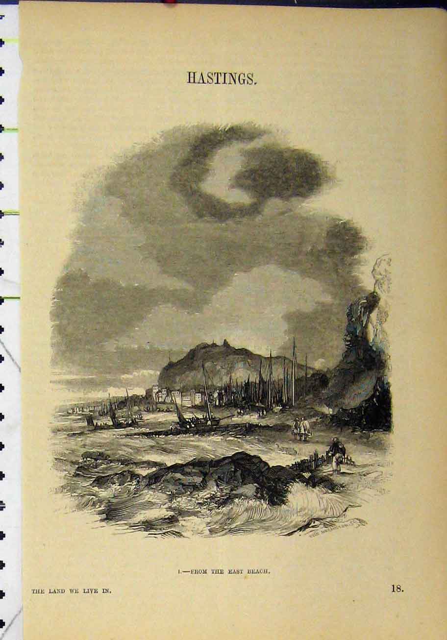 Original Old Antique Print View Hastings England East Beach Cliff Boats