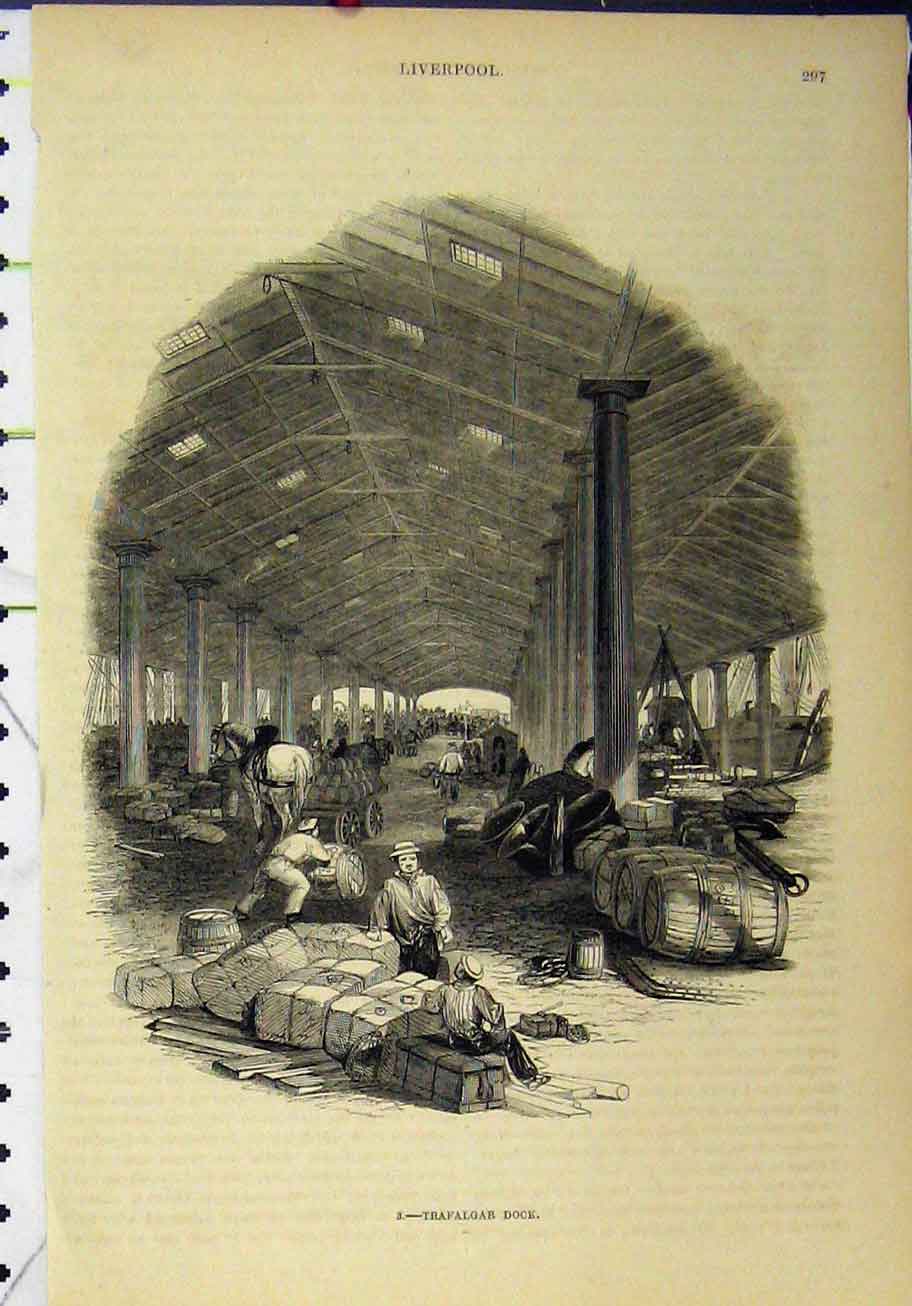 Old Antique Print View Traflagar Dock Building Barrels Packages Horse Men