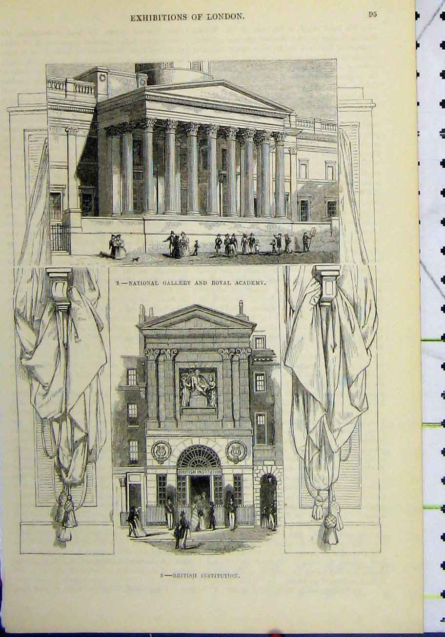 Original Old Antique Print London National Gallery Royal Academy Institution