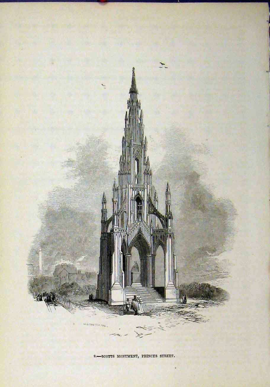 Original Old Antique Print Scotts Monument Princes Street Edinburgh Scotland