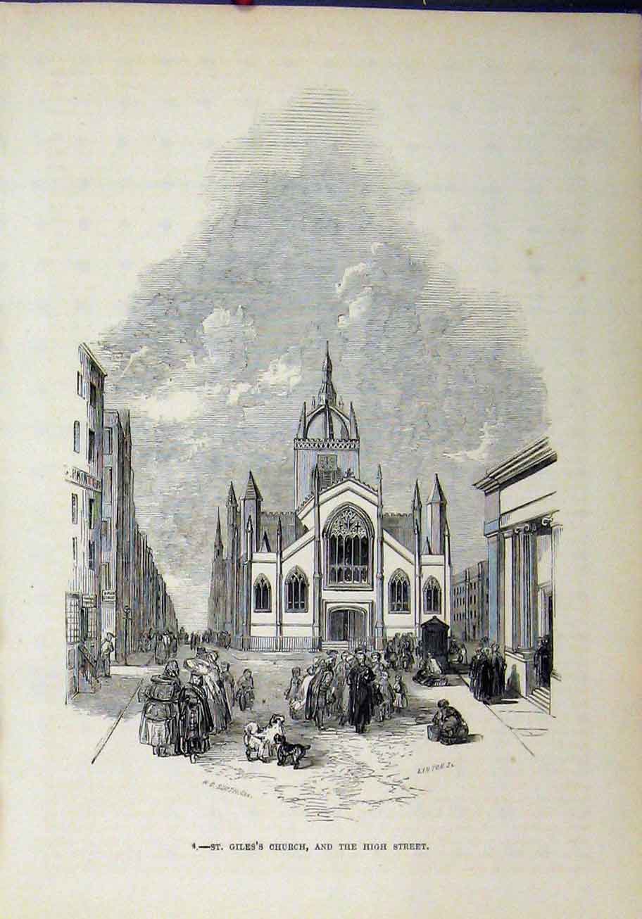 Original Old Antique Print View St Giles Church High Street Building Linton