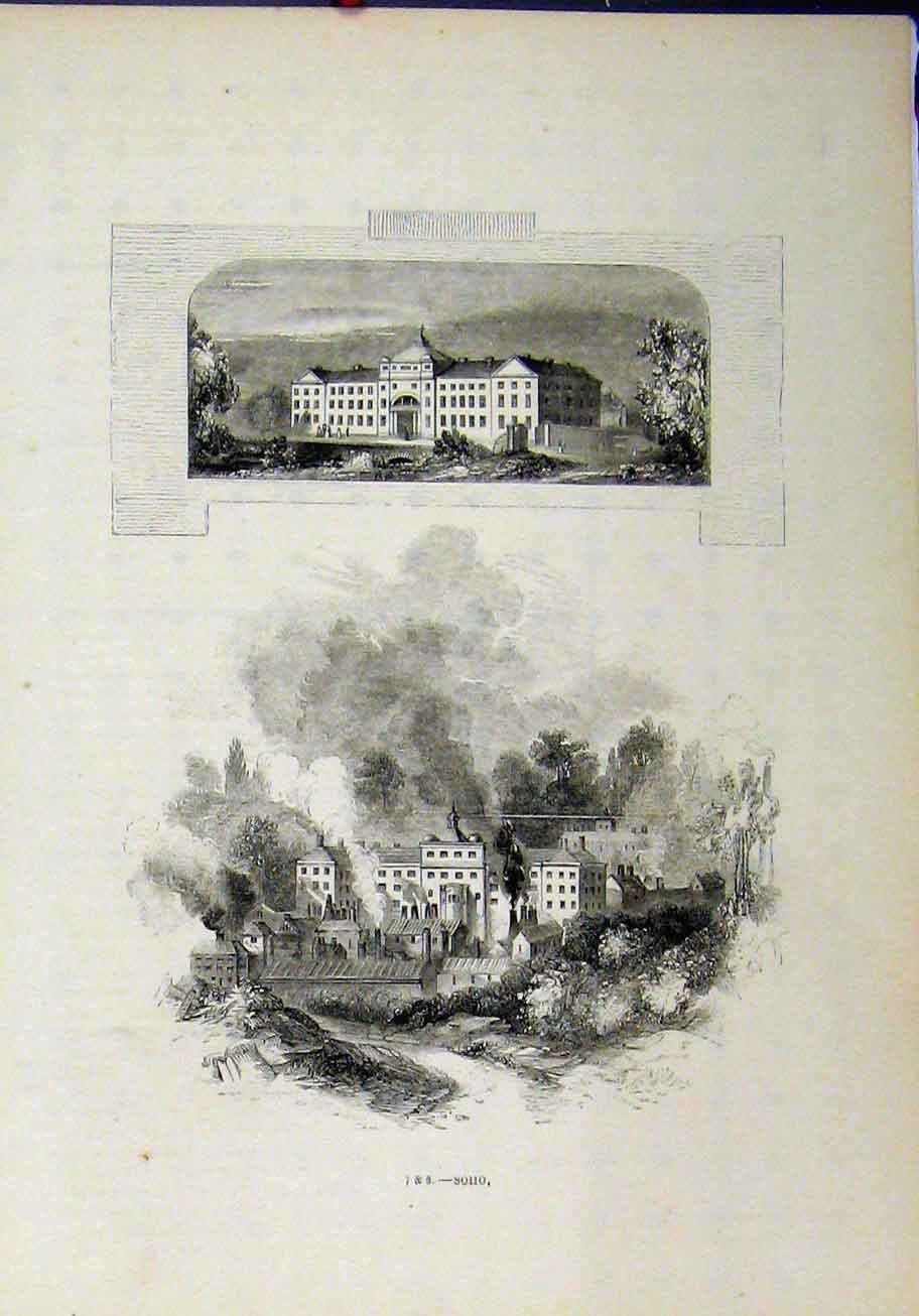 Original Old Antique Print Soho Building Smoking Chimneys Country