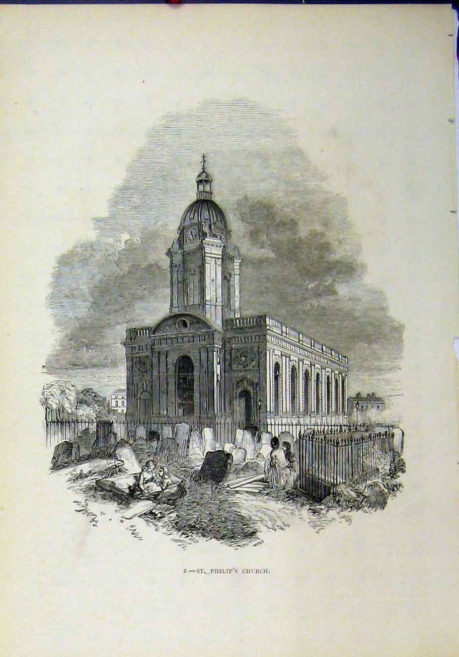 Original Old Antique Print St Philip'S Church Building Graveyard