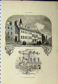 Original Old Antique Print Exterior View College Interior Staircase Building