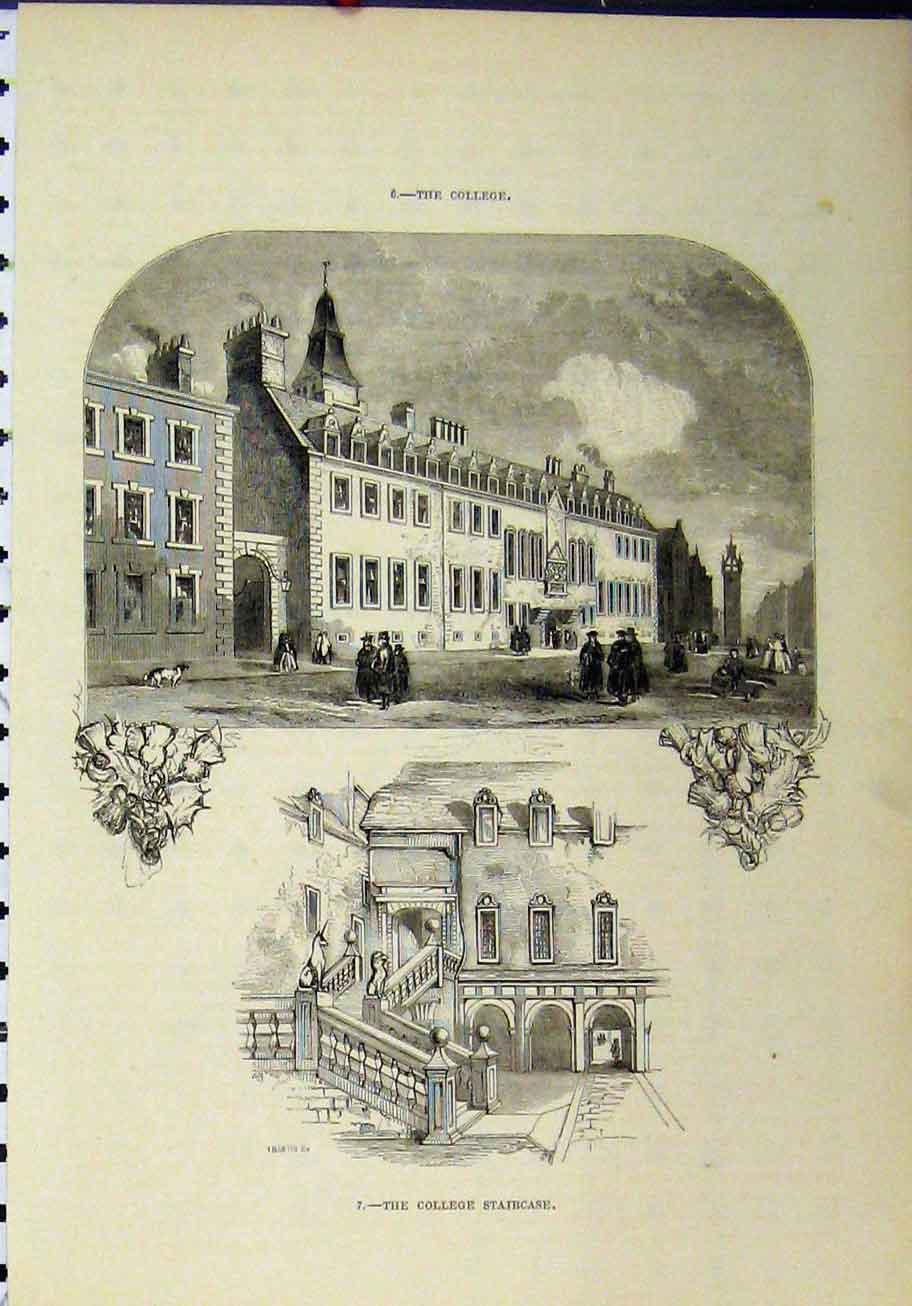 Original Old Antique Print Exterior View College Interior Staircase Building