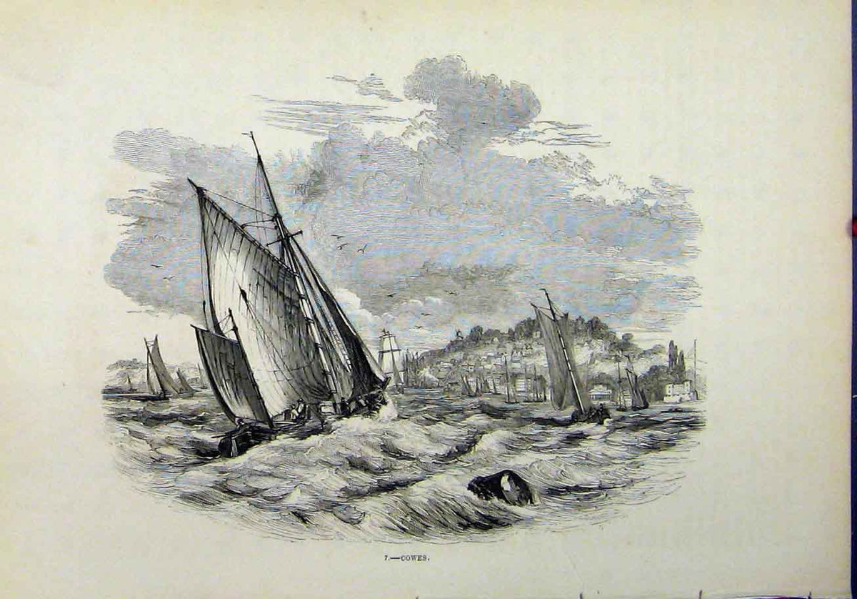 Original Old Antique Print View Cowes Stormy Sea Boat Town