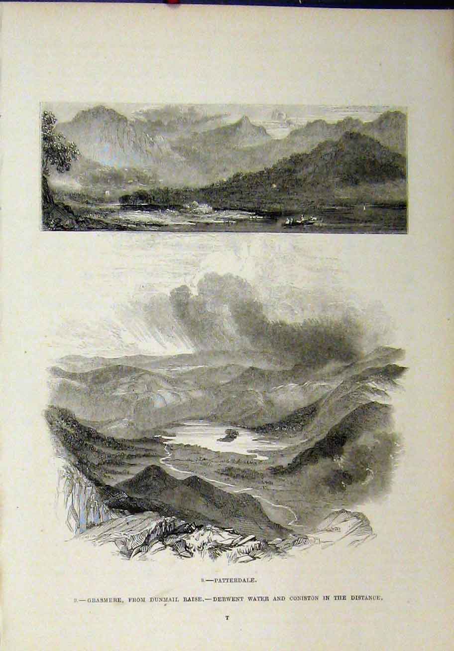 Original Old Antique Print Patterdale Grasmere Dunmall Raise Derwent Water