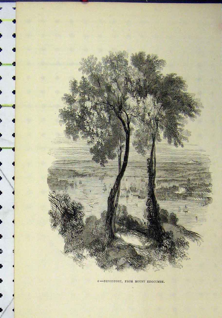 Original Old Antique Print View Devonport Mount Edgcumbe Lake Country Scene